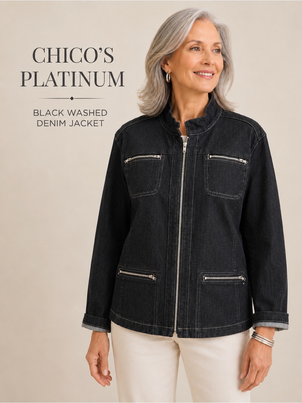 Chico’s Platinum Black Washed Denim Zip Jacket